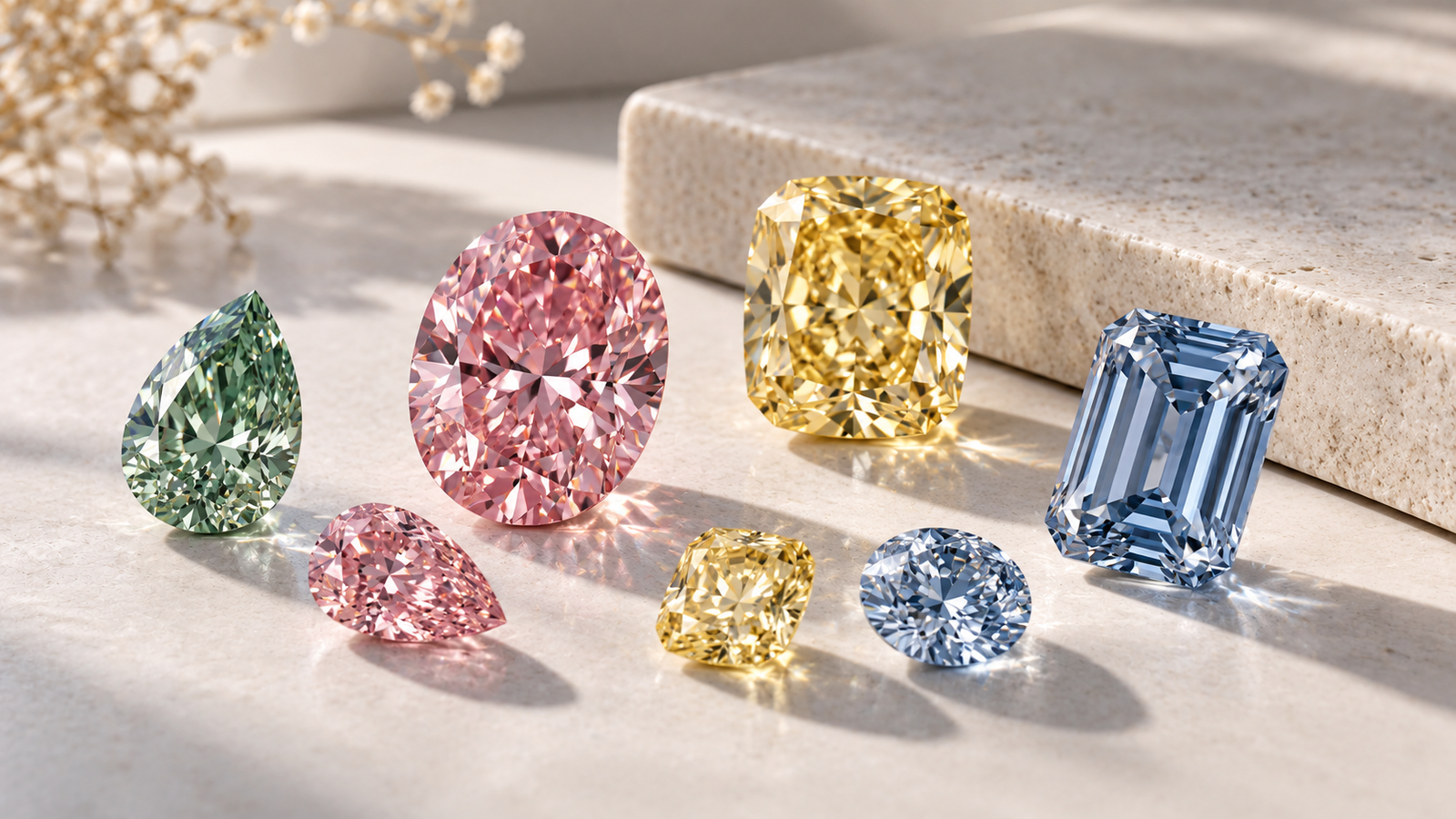 Pink, yellow and blue fancy colour lab-grown diamonds