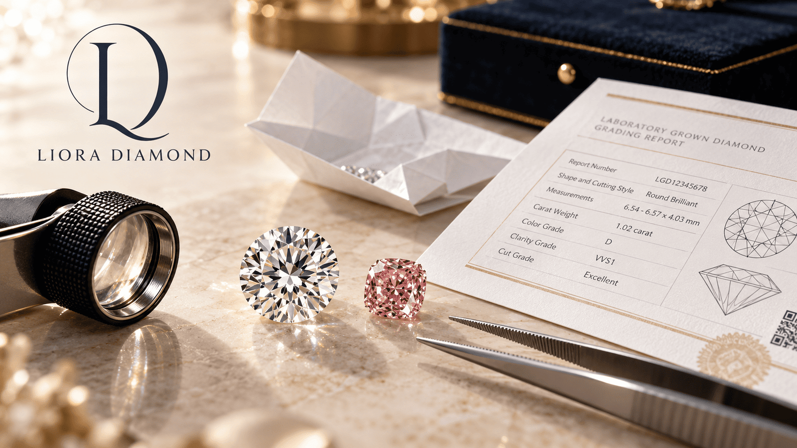 Colorless and pink lab grown diamonds displayed with a grading report, jeweler's loupe and tweezers for wholesale diamond quality verification.