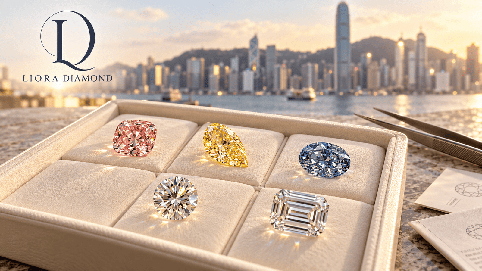Fancy colour lab grown diamonds in pink, yellow and blue alongside colorless diamonds displayed on a professional wholesale diamond tray by Liora Diamond.