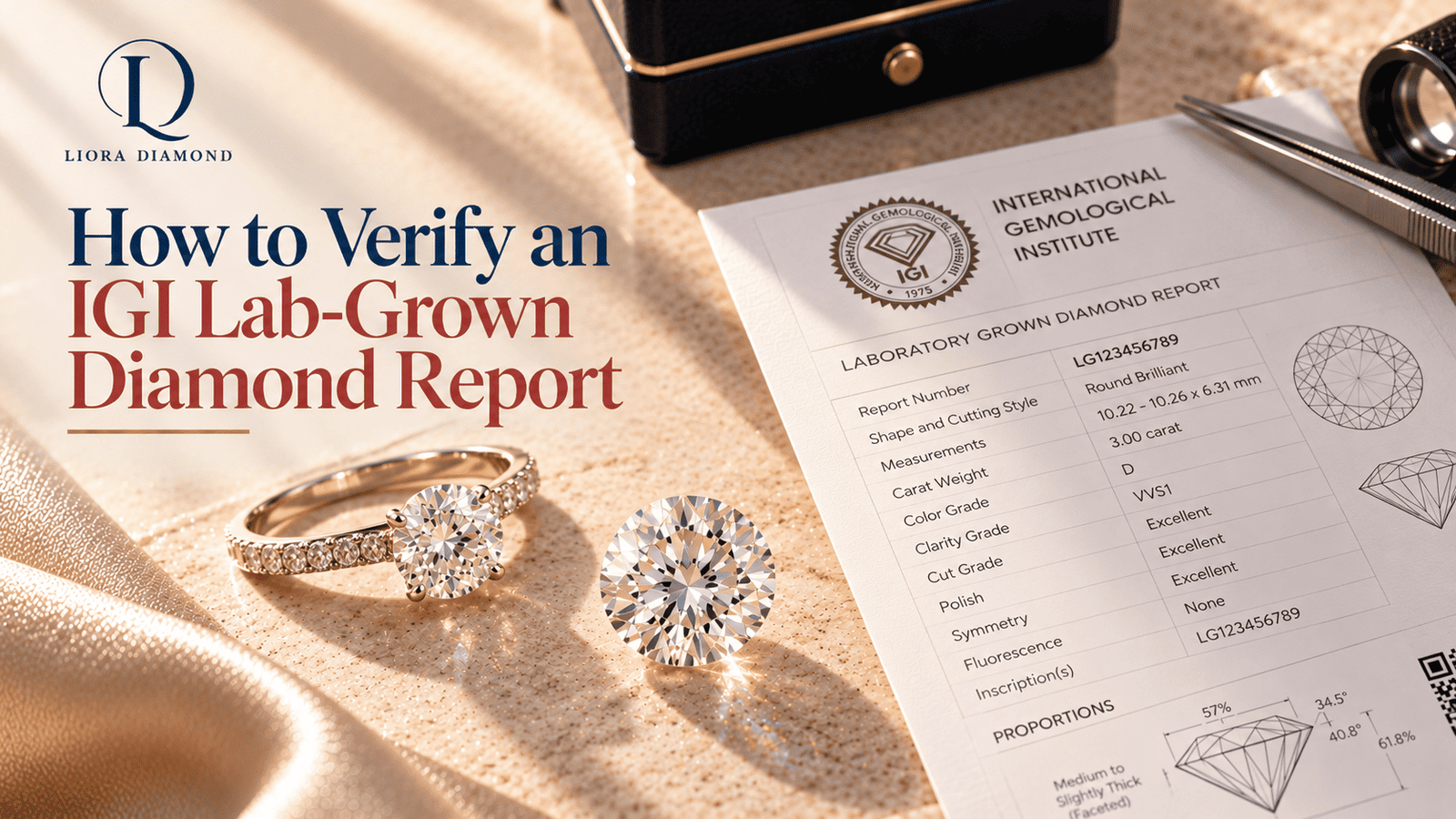 IGI certification report verification with the round brilliant cut loose stone and engagement ring.