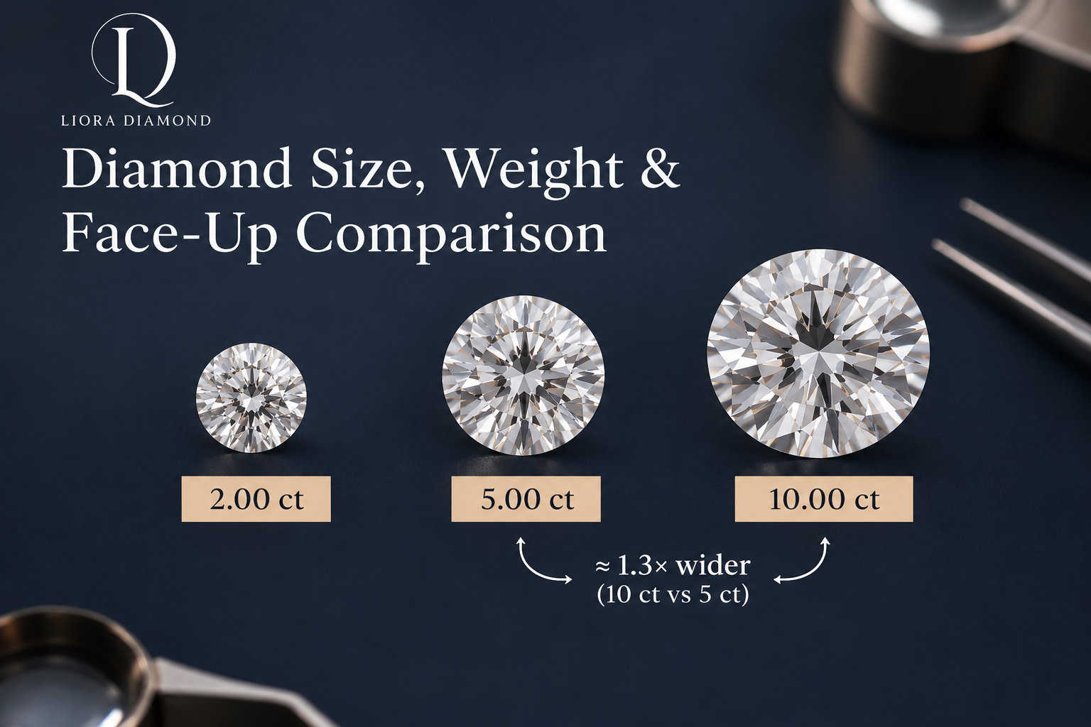Visual comparison of 2, 5, and 10 carat round lab-grown diamonds showing how face-up diameter increases with carat weight. A 10 carat diamond is approximately 1.3 times wider than a 5 carat diamond.