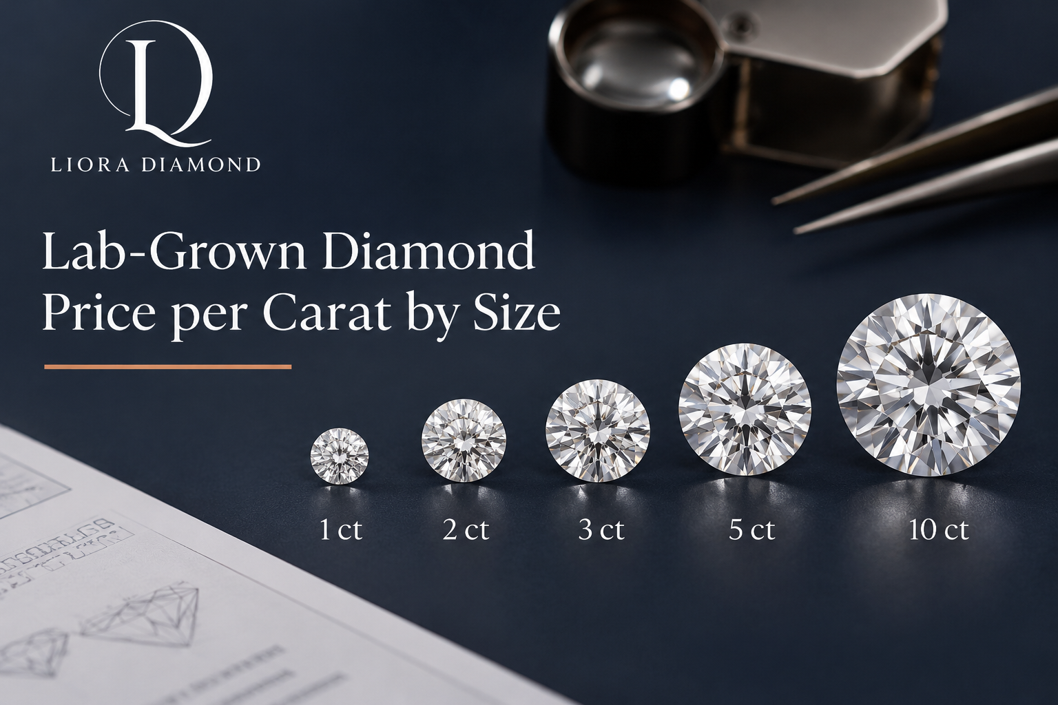 Five round lab-grown diamonds ranging from 1 to 10 carats arranged by size on a dark navy surface, illustrating diamond carat weight comparisons for wholesale buyers.