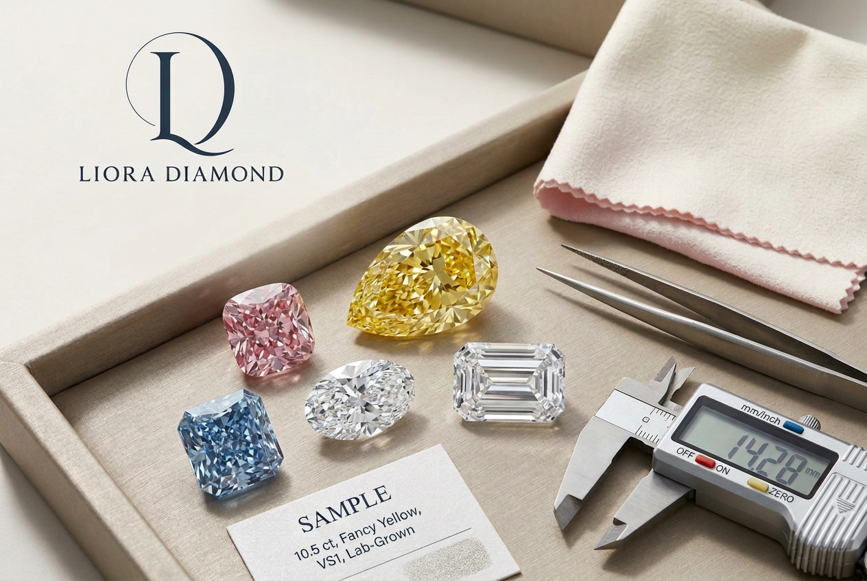 Large wholesale lab-grown diamonds for UK jewellery retailers, including fancy yellow, pink, blue and colorless loose stones with professional diamond measurement tools.