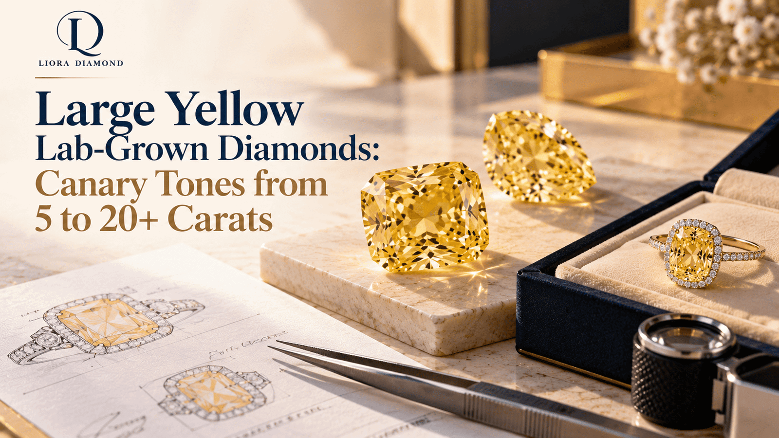 Large canary yellow lab grown diamonds in cushion, pear and oval shapes displayed beside a yellow diamond halo ring and jewelry design sketches by Liora Diamond.