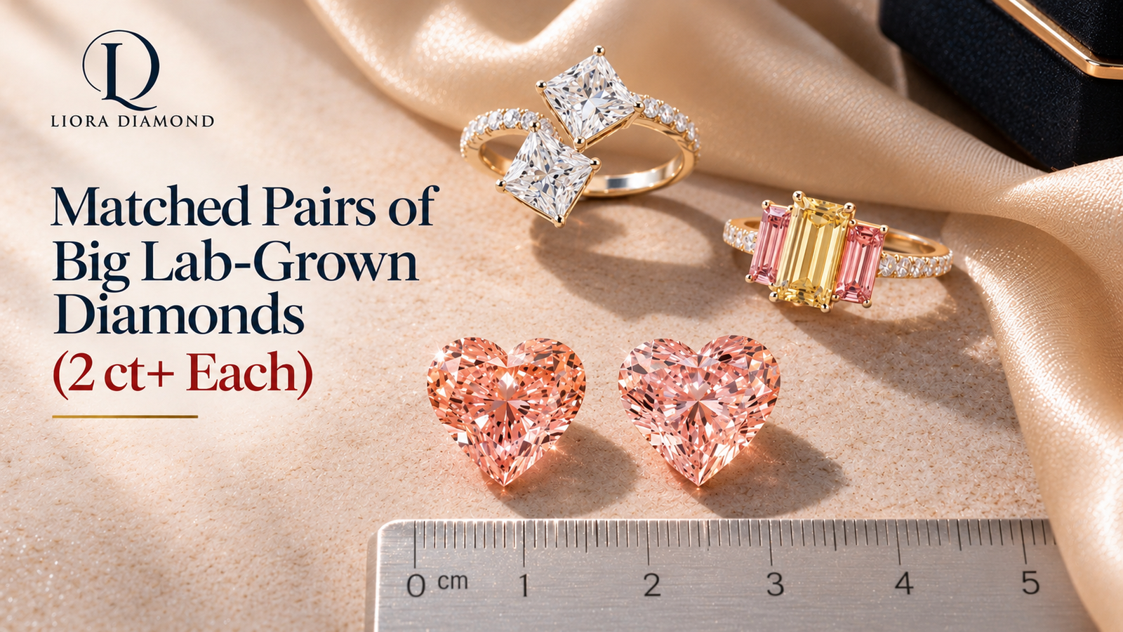 Matched pair of laboratory-grown fancy-colour diamonds and rings side by side with ruler