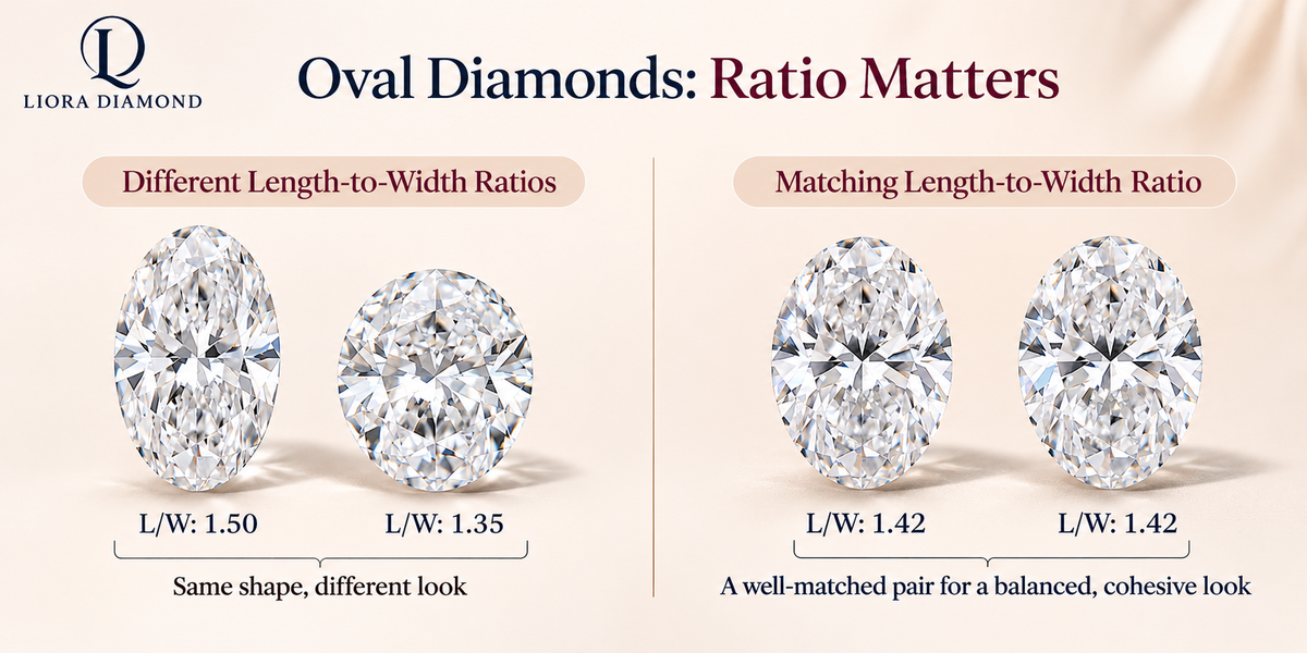 Oval lab-grown diamonds with matching and mismatched length-to-width ratio
