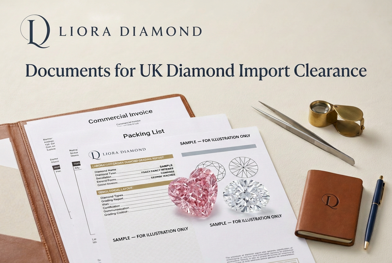 Wholesale lab-grown diamond import documentation for UK jewellers, featuring a commercial invoice, packing list, sample grading report and large fancy pink and colorless diamonds.
