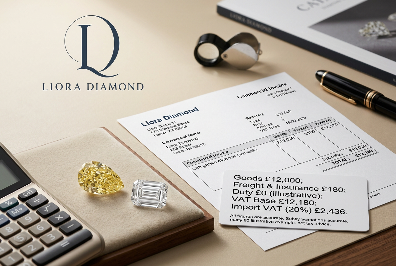 UK lab-grown diamond import VAT calculation for wholesale buyers, showing fancy yellow and colorless loose diamonds, commercial invoice and illustrative landed-cost breakdown.