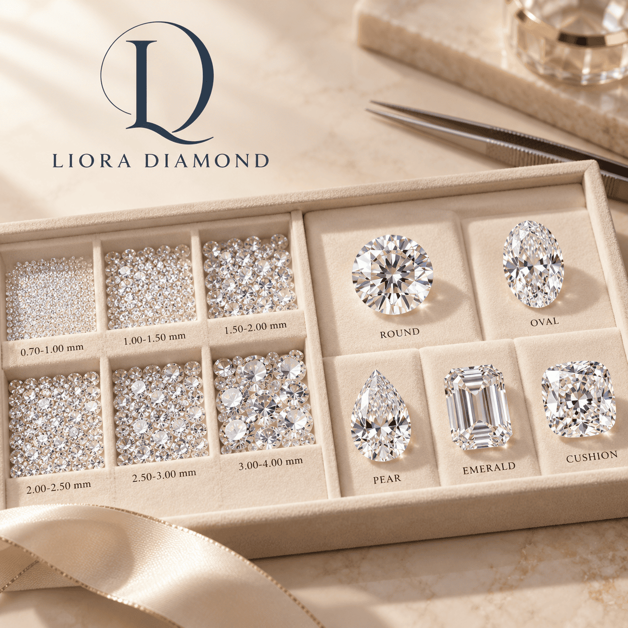Wholesale melee and round, emerald, oval, pear shaped lab-grown diamonds in trey.